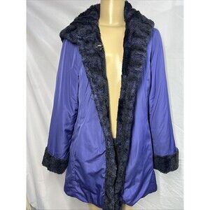 Vintage Hal Rubenstein Purple & Black Faux Fur Trimmed Hooded Coat Zs L